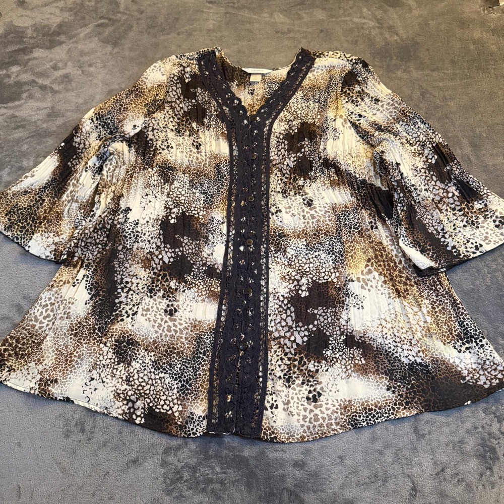 CJ Banks Beige Brown Animal Print Lace Trim VNeck Blouse Top Womens Plus Size 2X